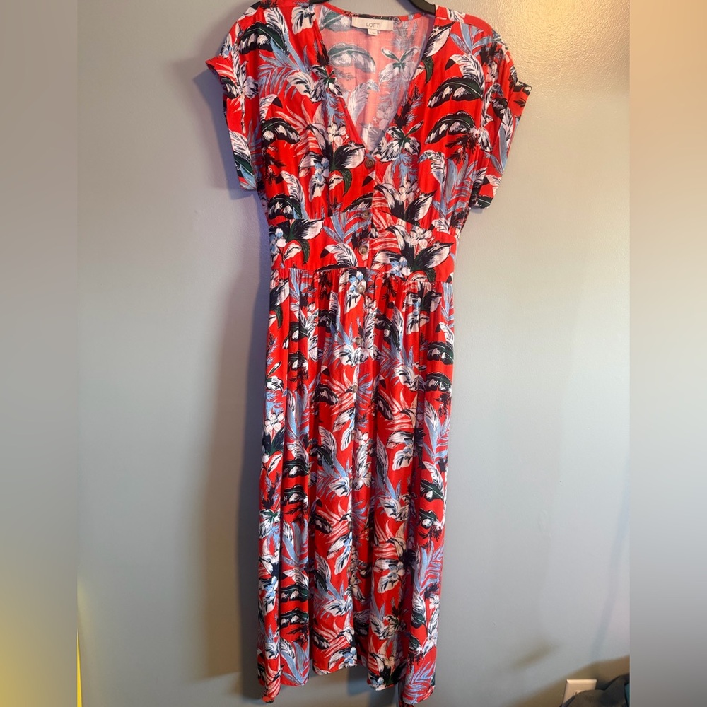 LOFT Orange Tropical Floral Maxi Button Up Dress with Tie Waist size 6 - Picture 2 of 13
